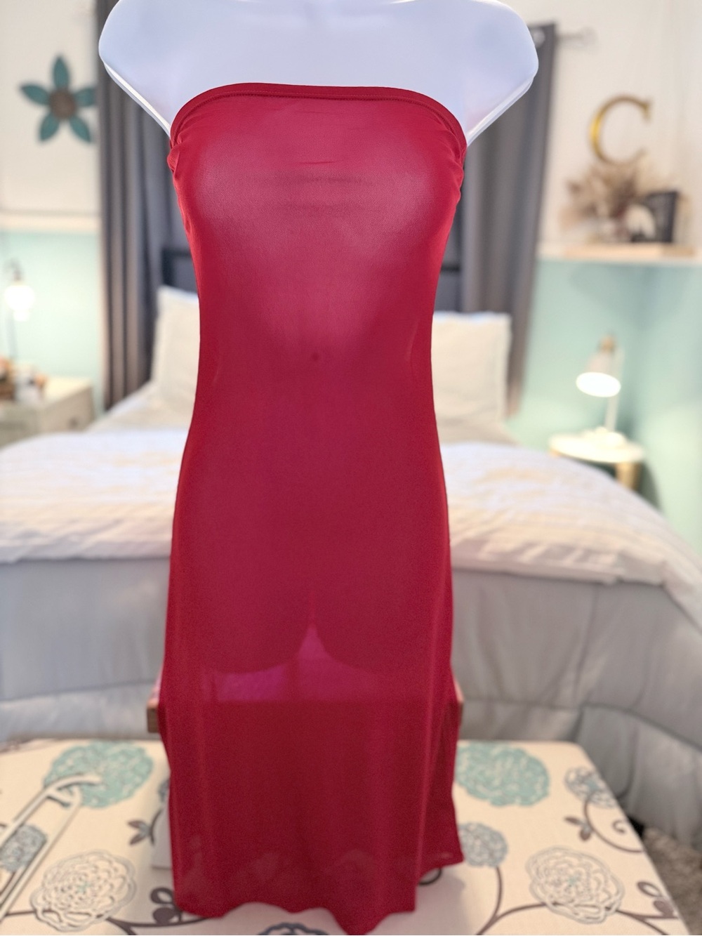 Strapless Red Bodycon Midi Dress